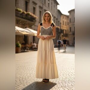 Elegant Cream Maxi Dress with Black Accents